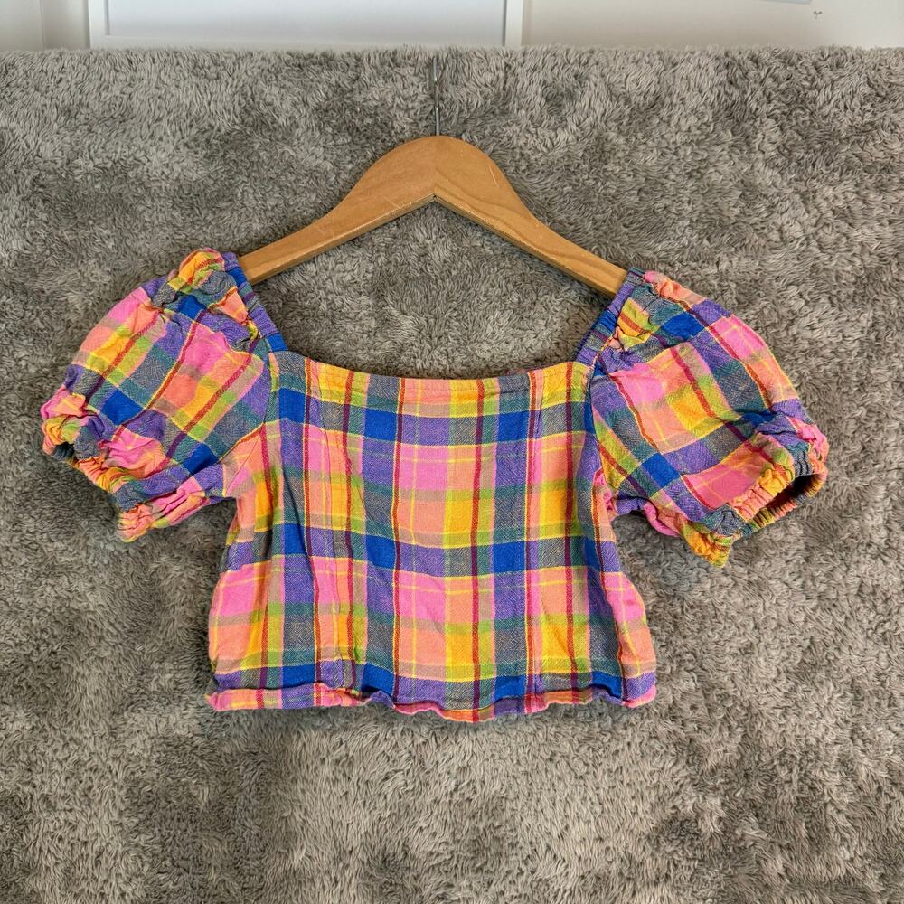 Old Navy Short Puff-Sleeve Linen Smocked Crop Top Girls Madras Plaid 8 Pink Blue